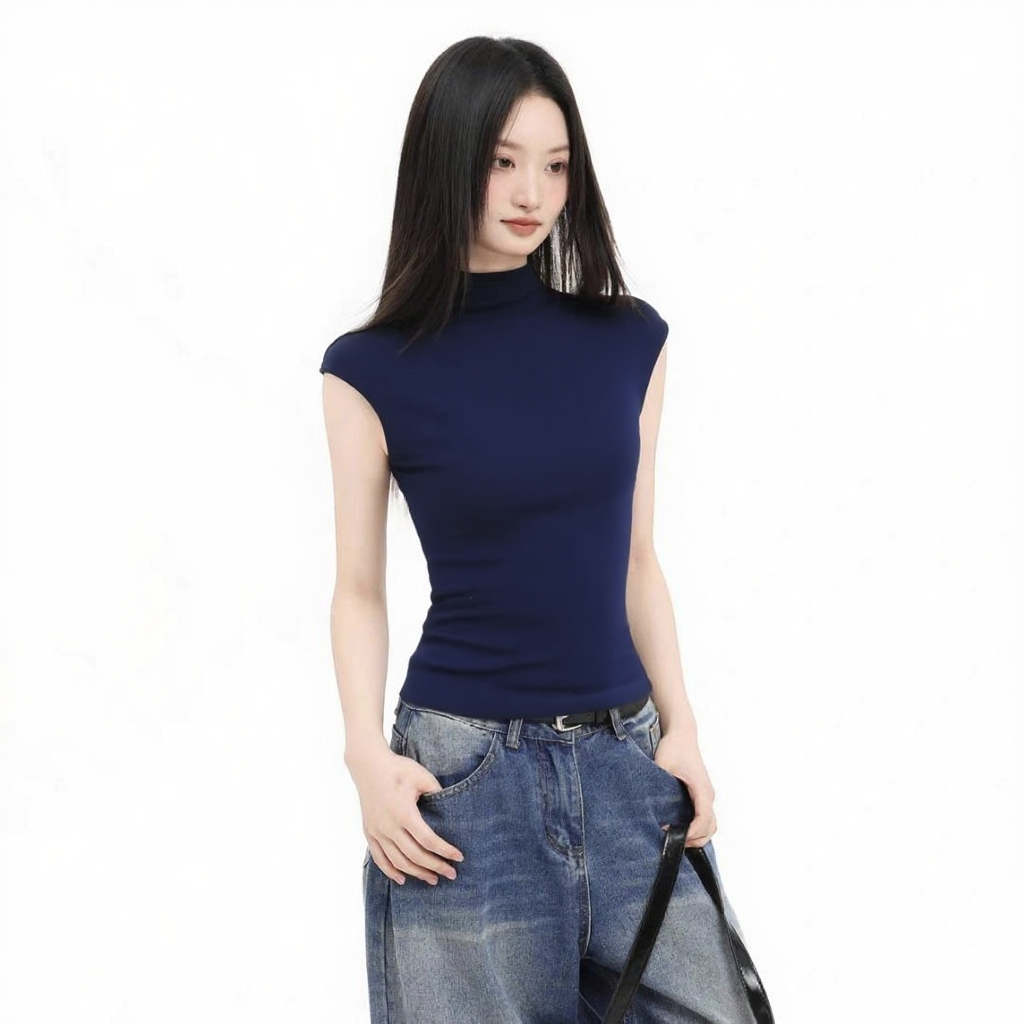 紧身无袖半高领T恤女夏设计感小众修身显瘦内搭打底坎肩上衣