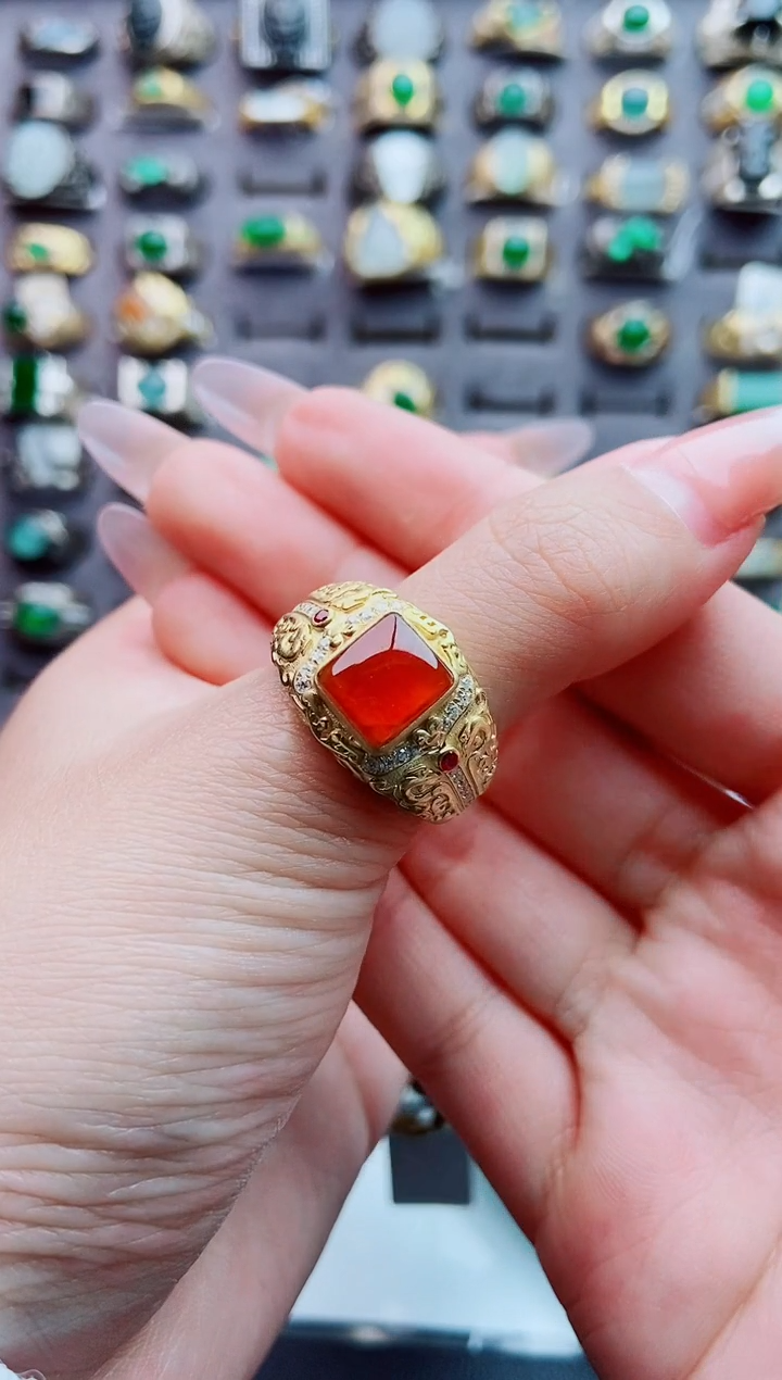 银S925镶嵌戒指翡翠高**~天然翡翠男戒