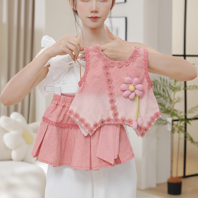 2025夏季新款高级感粉女童洋气花朵上衣百褶裙套装两件套SA30475