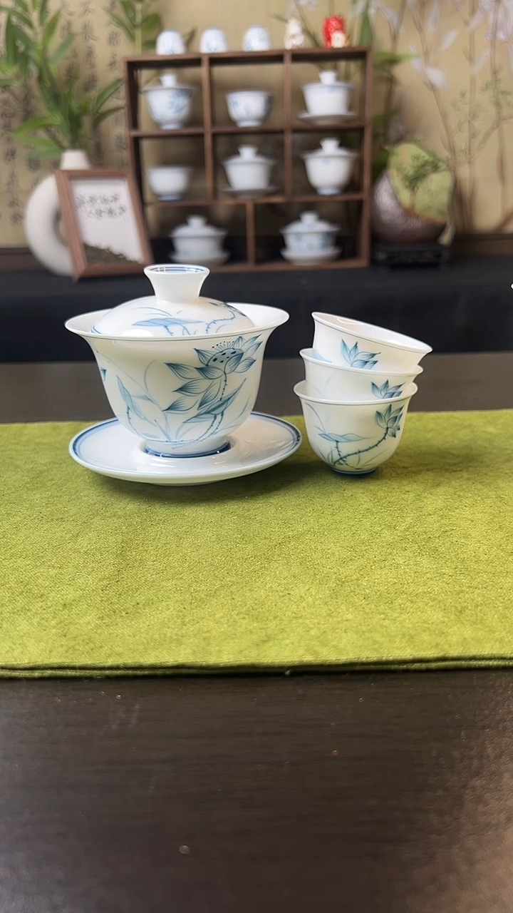 荷花盖碗+壶承+3客杯