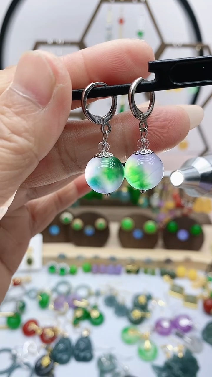 银S925镶嵌石英质玉（天山翠）耳饰137