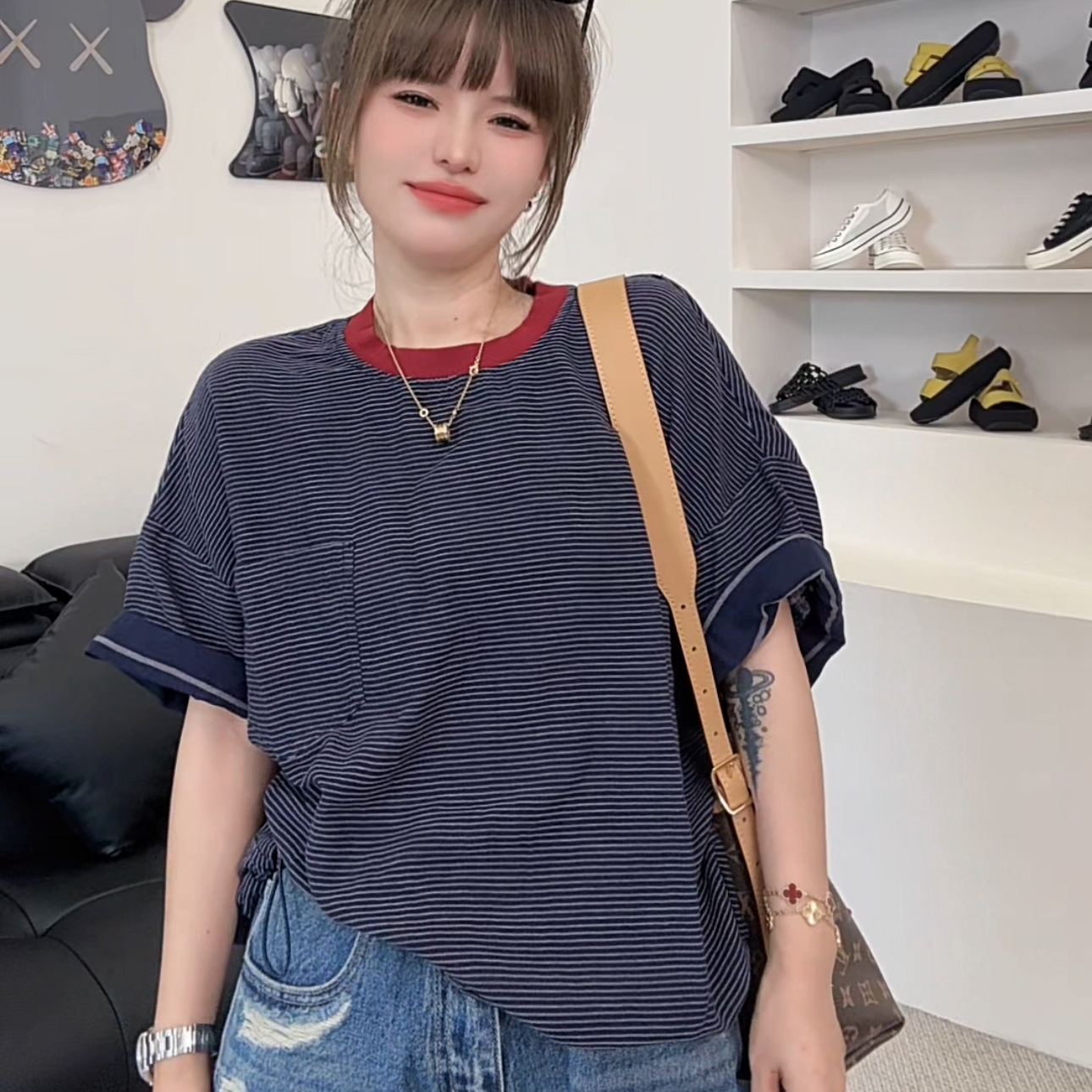 [郁儿严选】53617夏季新款文艺复古条纹棉麻柔软宽松休闲宽松短袖T
