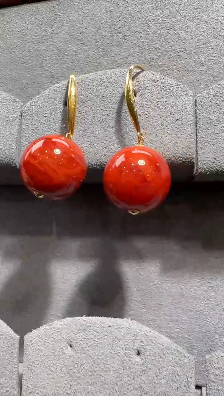 【闪购商品】南红玛瑙耳饰18K金镶嵌收藏级火焰纹12mm耳钩一对