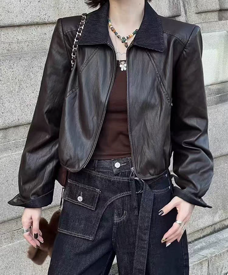 8871-2-DQ咖色翻领牛仔拼接短款加厚皮衣外套 