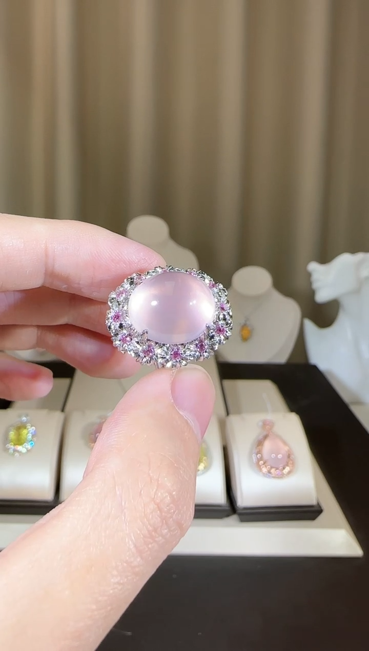 【闪购商品】芙蓉石戒指银S925镶嵌14*13mm星光粉水晶
