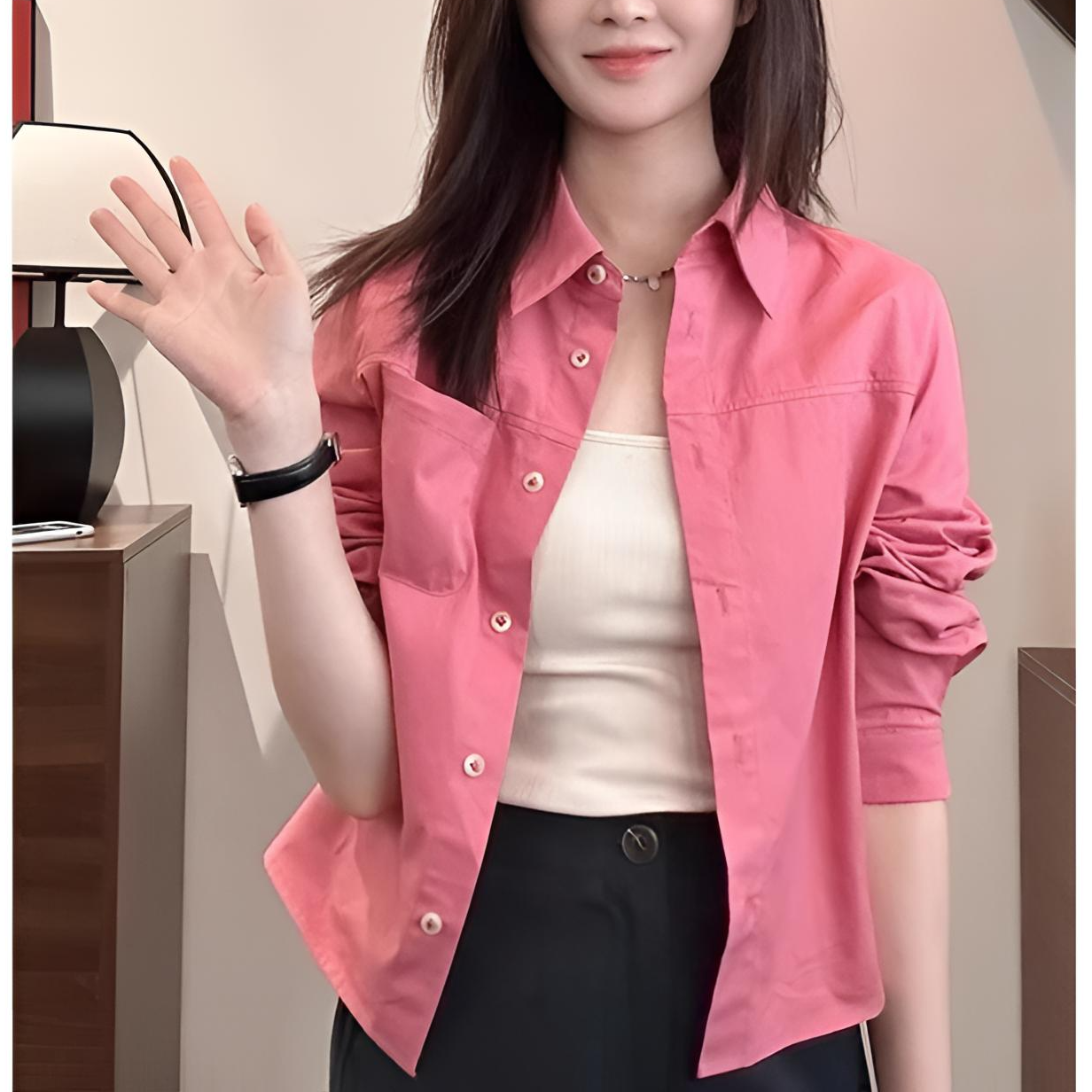 休闲百搭翻领POLO衬衫女2025春季新款衬衣外搭开衫短款薄外套上衣