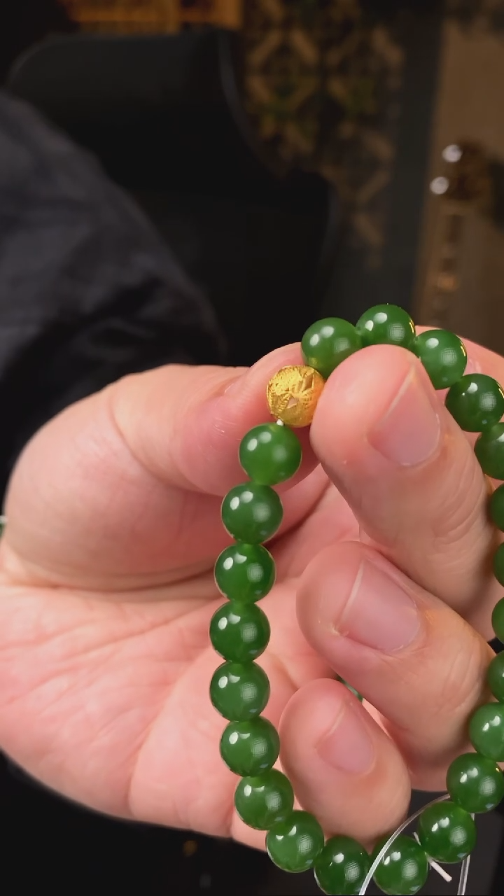 【闪购商品】和田玉碧玉手串18K金镶嵌【玉道侠侣】俄料没黑点8MM
