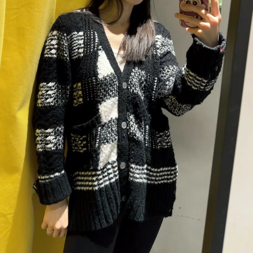 未使用 THOMBROWNE 格纹排扣针织开衫 蓝白/2