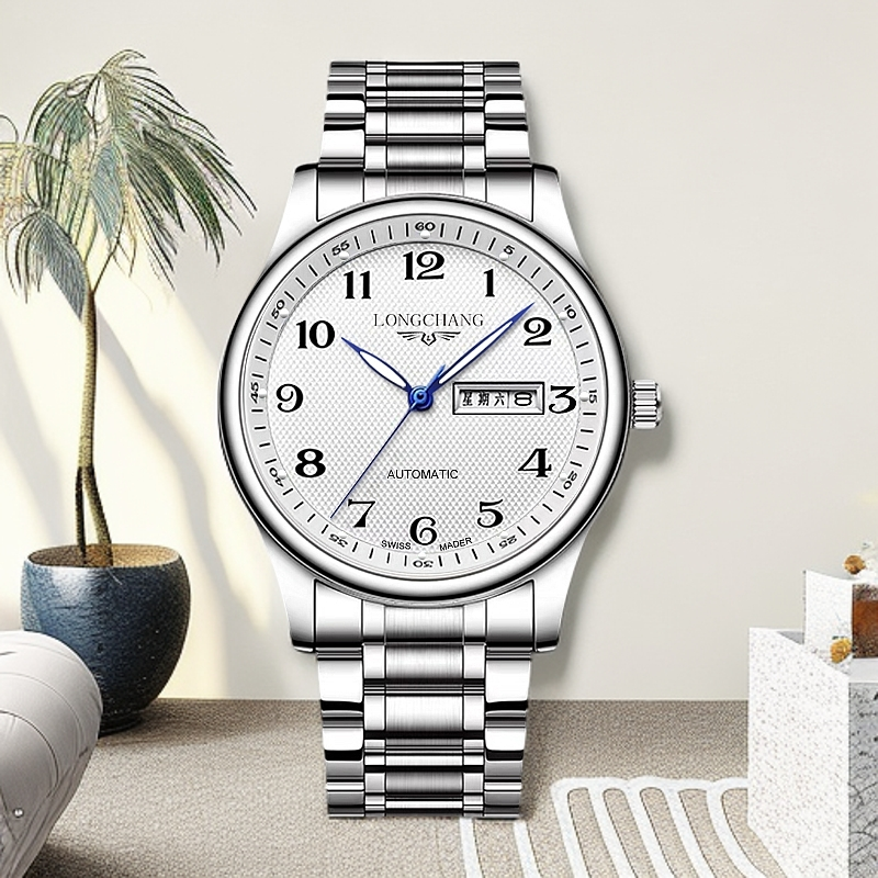 LONGCHANG正品实心钢带白面男士手表双日历防水时尚百搭潮流腕表