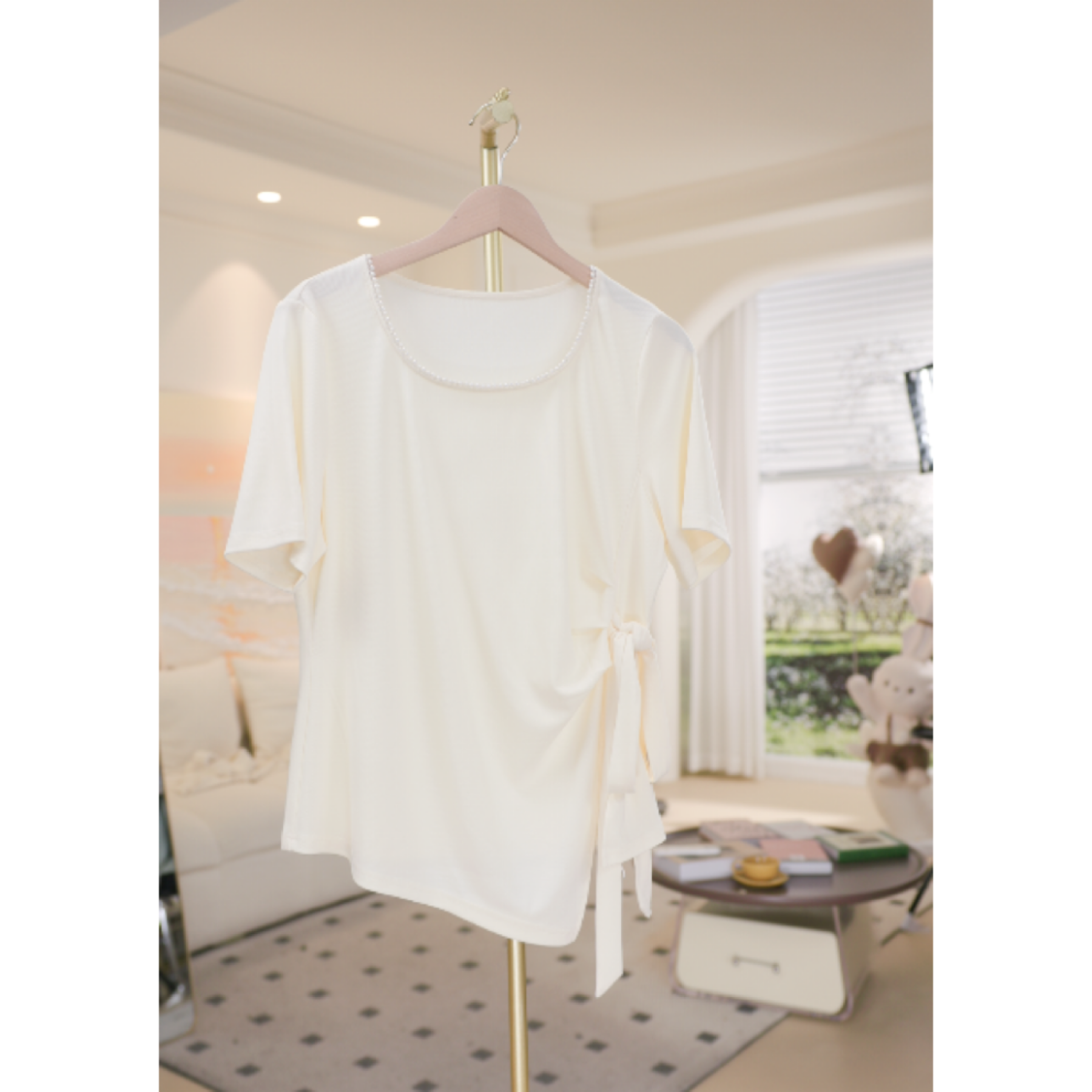 XQ2513夏季新款气质显瘦百搭收腰系带上衣大码女装