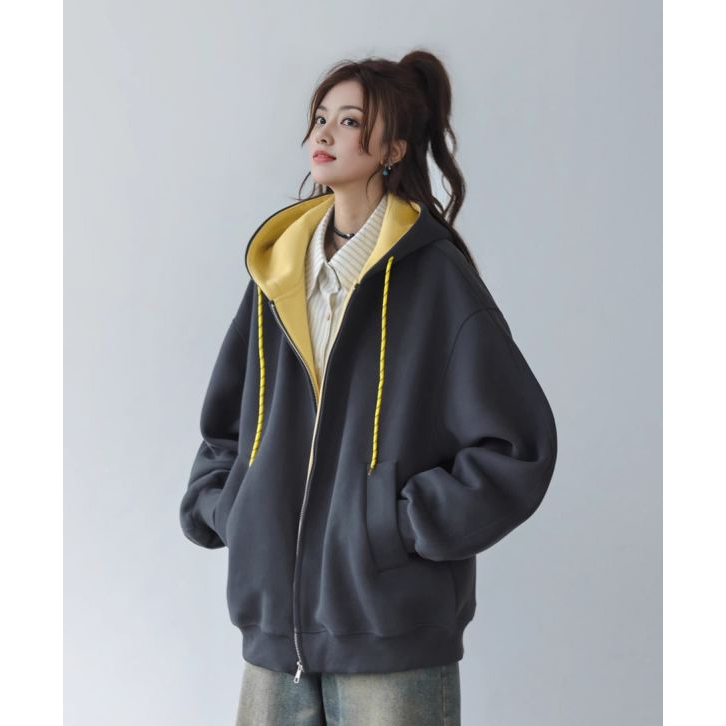 美式早秋宽松外套女款秋2025新款流行百搭拼色连帽开衫卫衣加厚