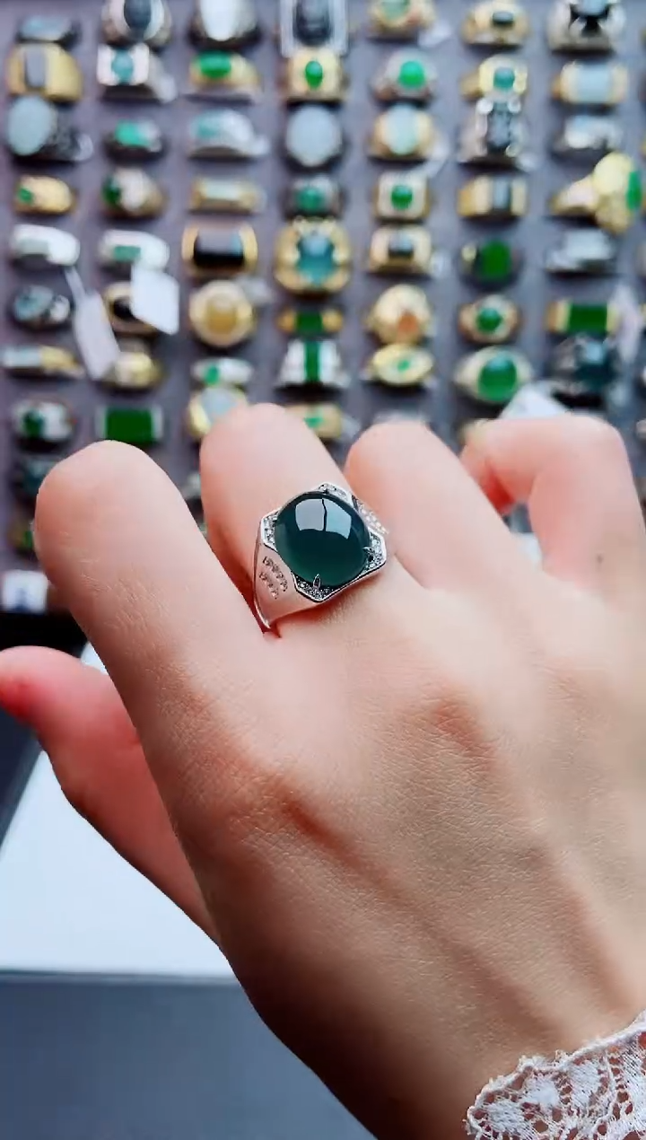 银S925镶嵌戒指翡翠天然翡翠男戒 