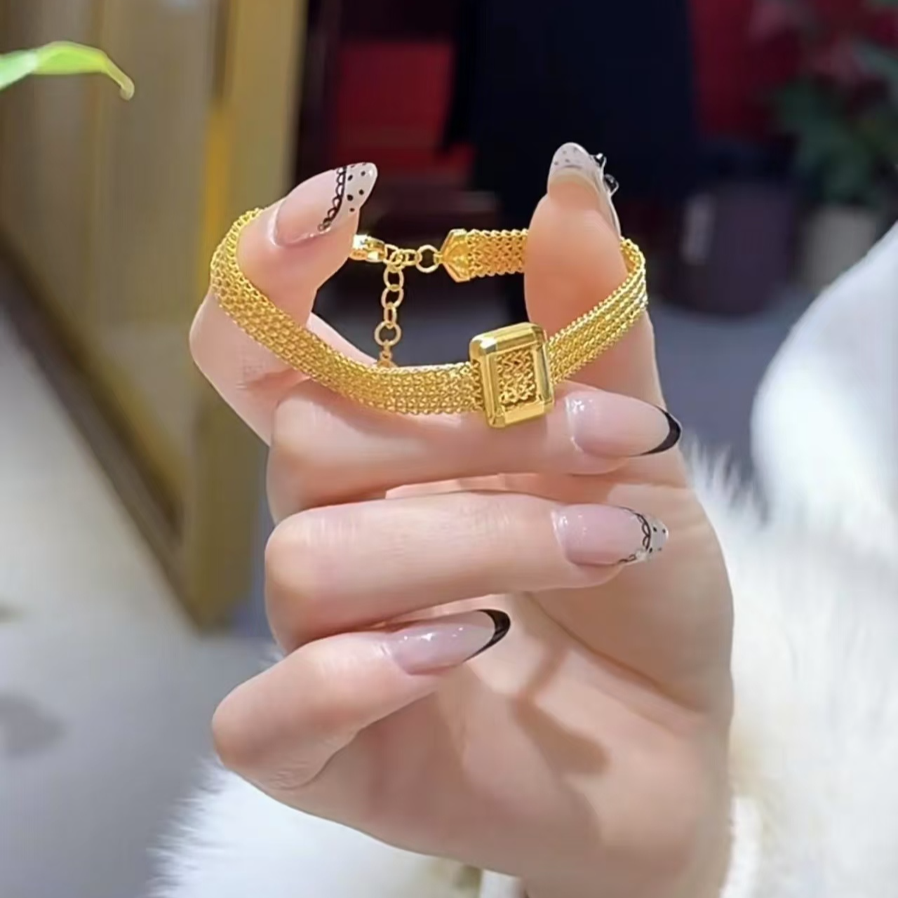 铜合金手链 国潮古法流金岁月蕾丝方形手链新款轻奢高级时尚百搭