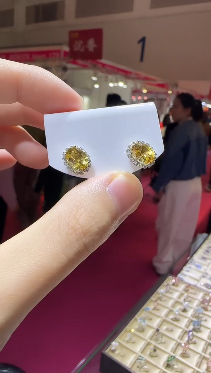 银S925镶嵌耳饰黄晶9*7mm耳钉