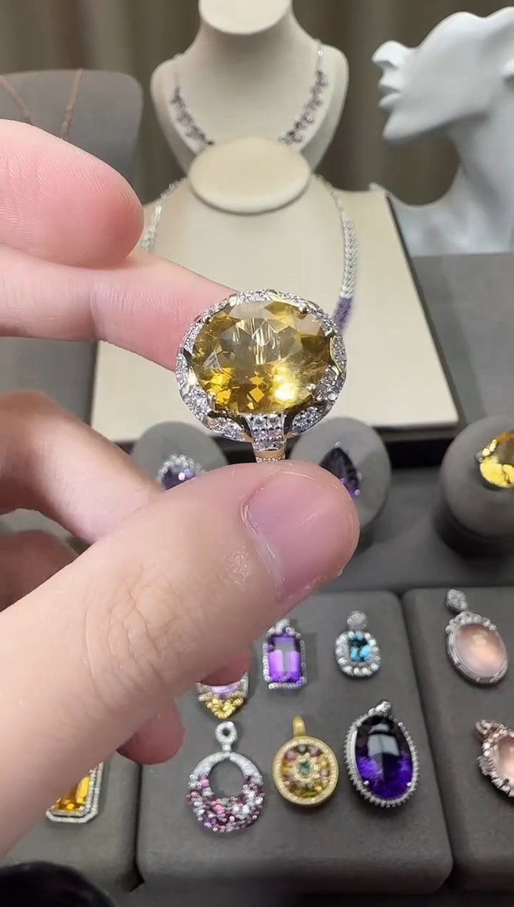 银S925镶嵌戒指黄晶14*12mm高级款