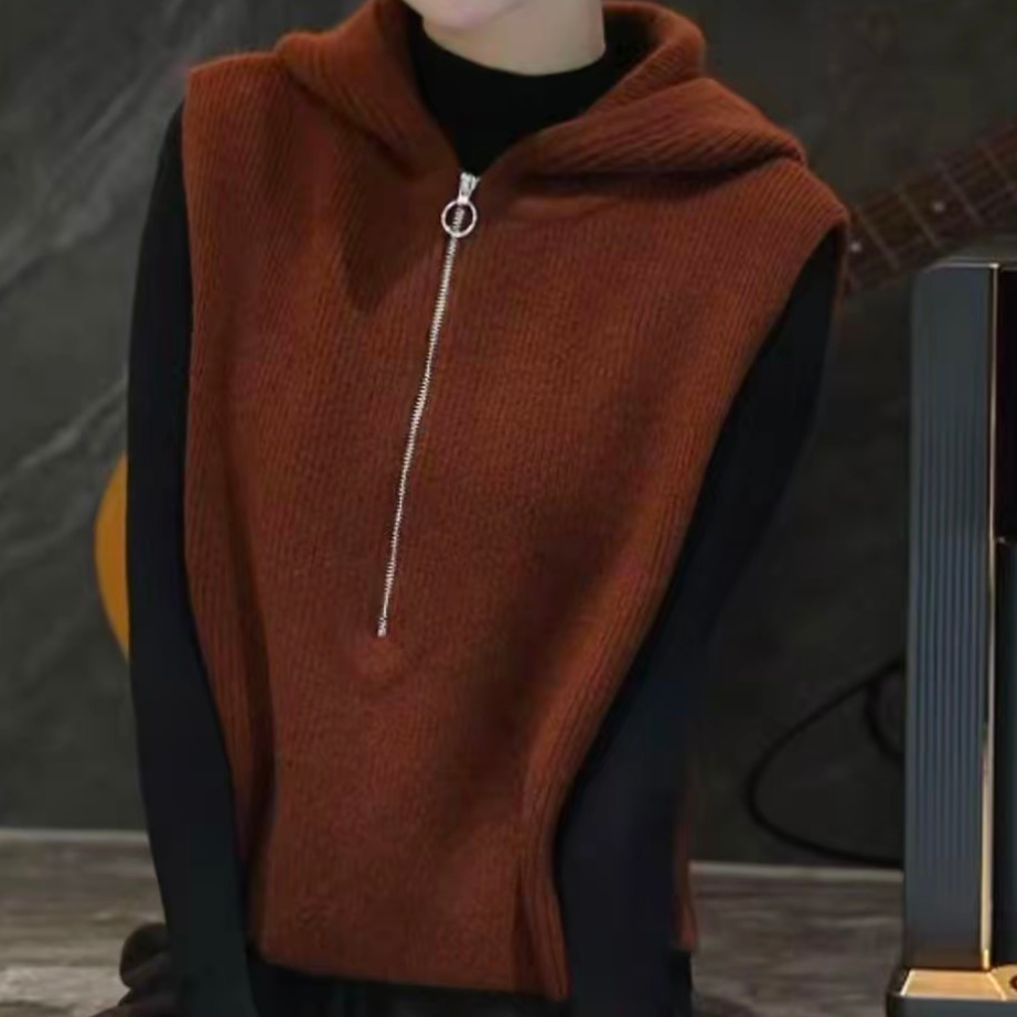 【松弛感】欧货高端纯色无袖针织马甲2025秋季连帽设计感马夹上衣女