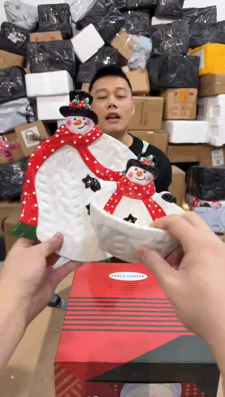 瓷片原盒雪人盘加雪人碗