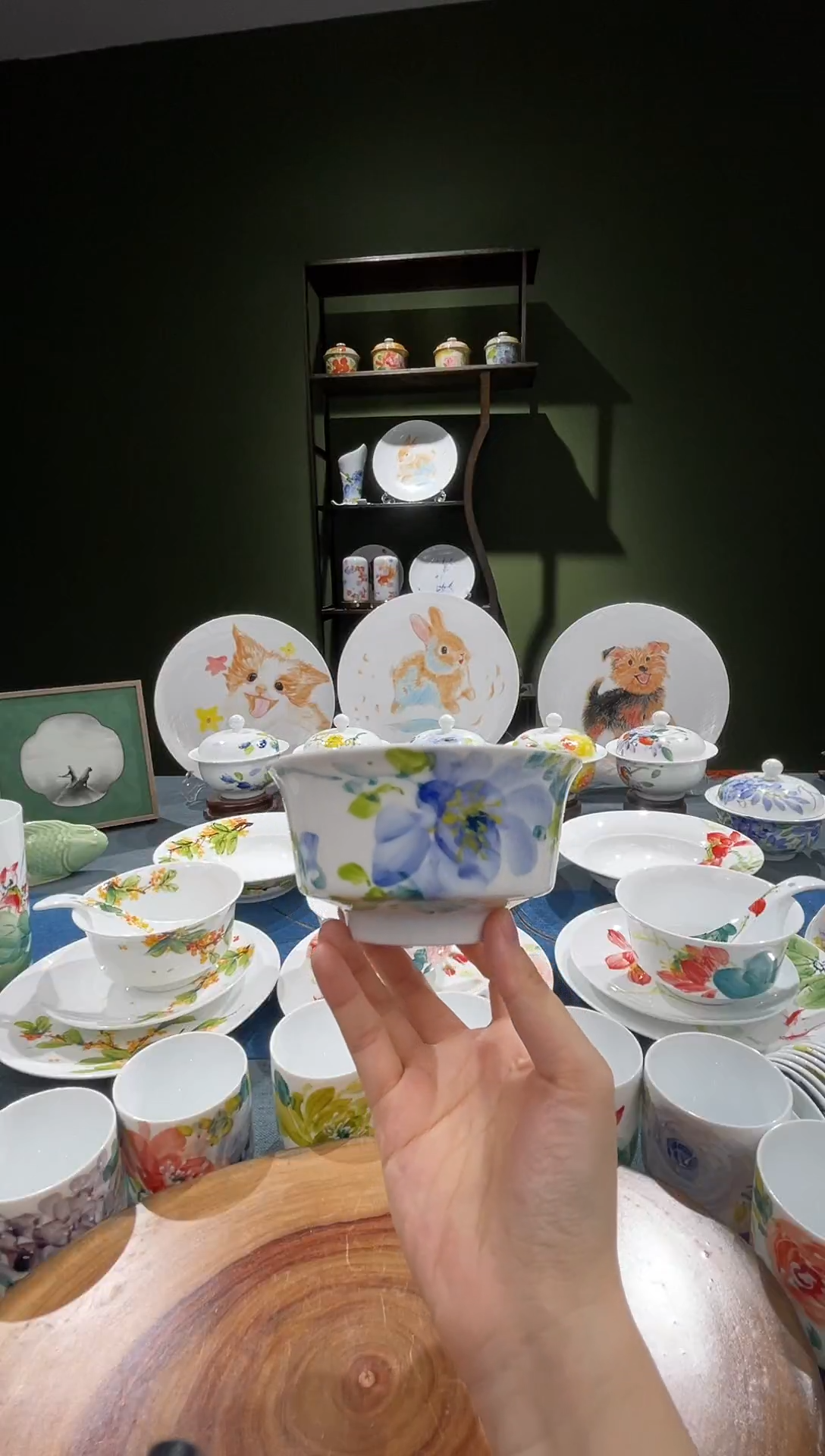 碗景德镇高温釉下彩4.75英寸金钟碗单色牡丹