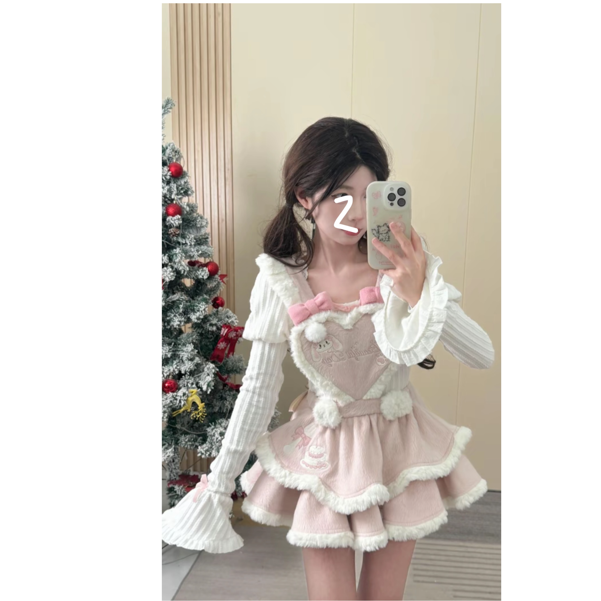 冬日少女甜美毛绒兔耳外套可爱蝴蝶结粉色背带套装