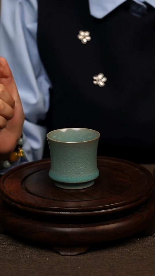瓷片仿古釉全手冰花纹束腰马蹄杯80ml 精装