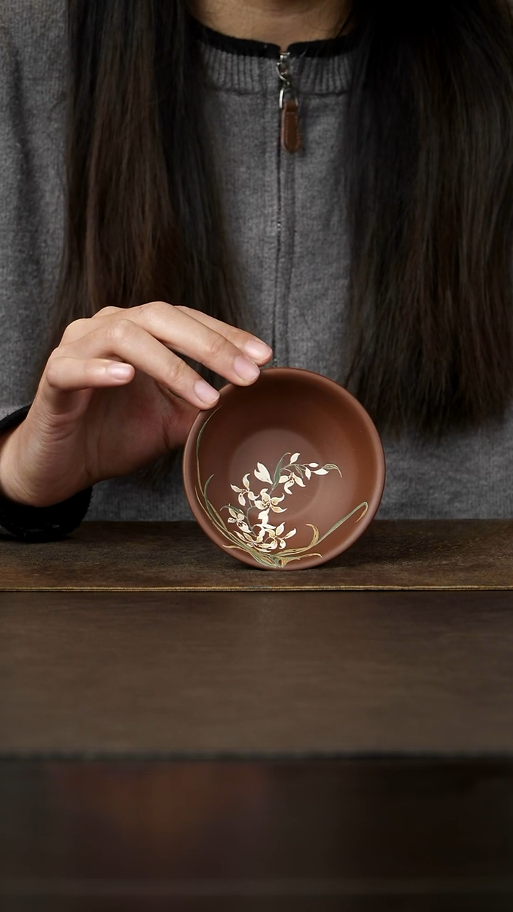 茶杯紫砂杯研所 夏菁老师 兰花斗笠杯 紫泥110cc