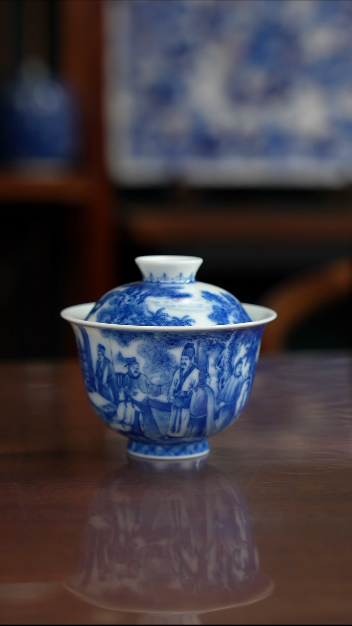 晓竹窑青花十八学士盖碗