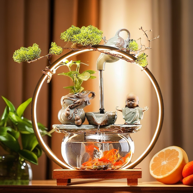 小型鱼缸桌面客厅电视柜招财流水摆件创意家居书桌装饰品开业礼品