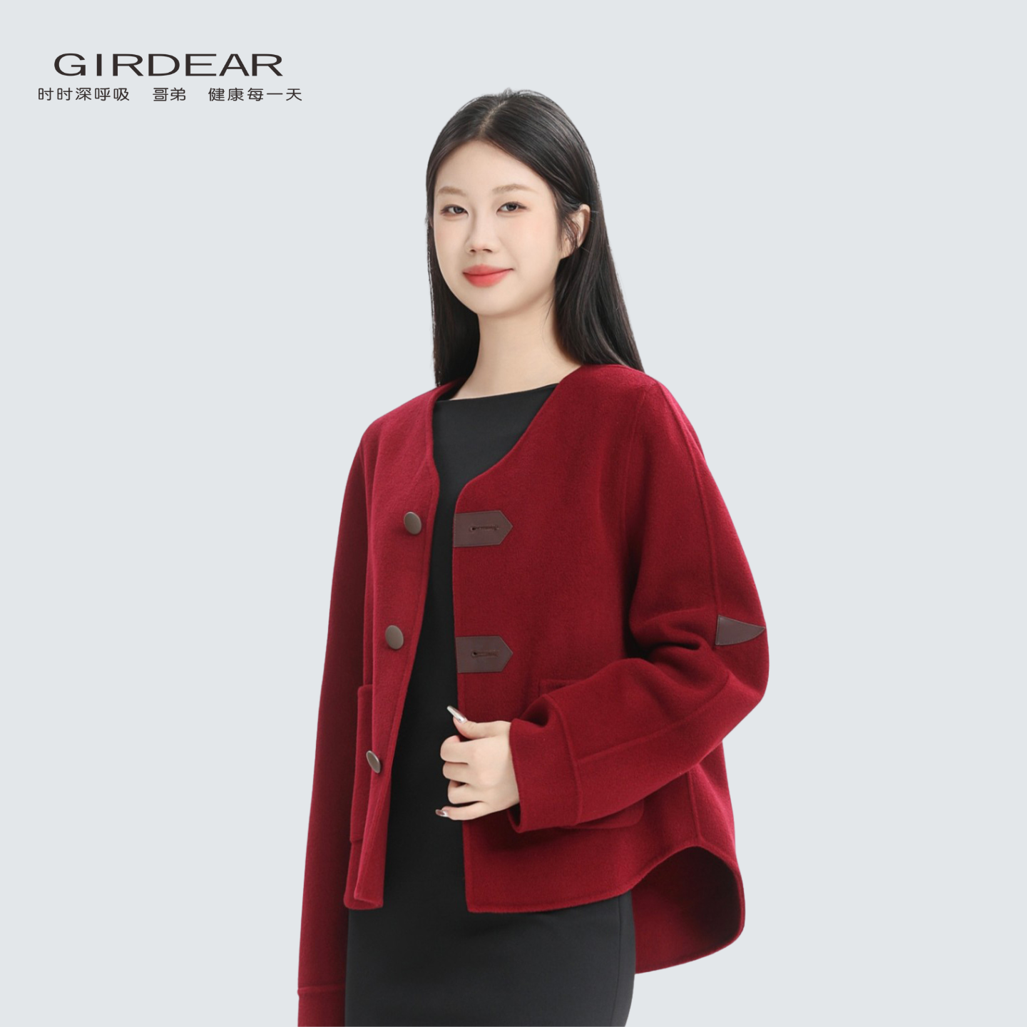 哥弟【官方正品】女装时尚经典复古V领英伦风绵羊毛毛呢外套1400779