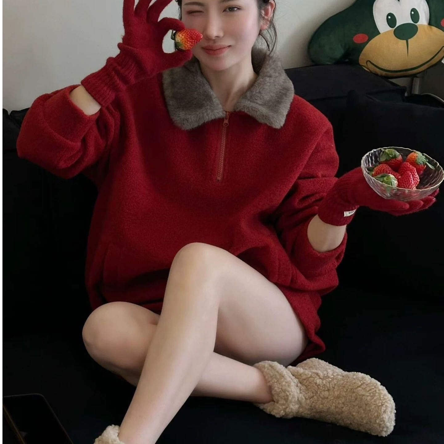 【晨浠定制】新款时尚毛绒Polo领卫衣短裙套装6830