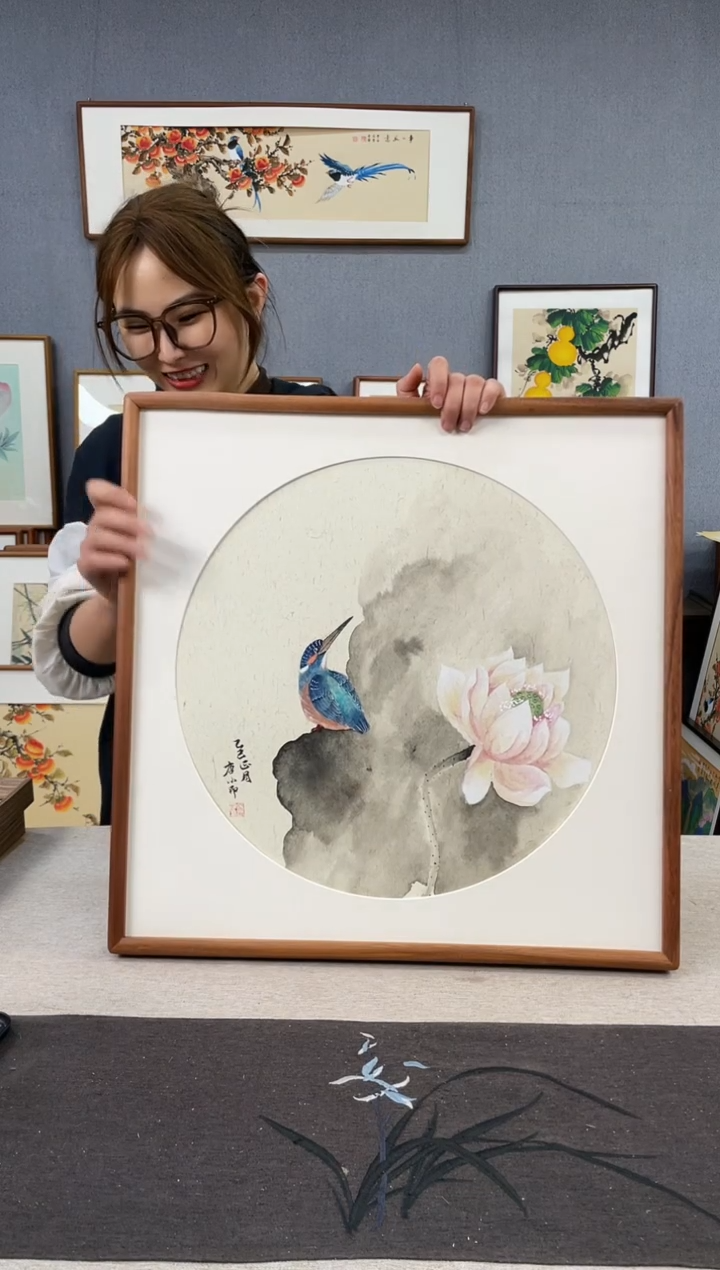 【闪购商品】国画手写手绘带框作品-52*52-翠鸟
