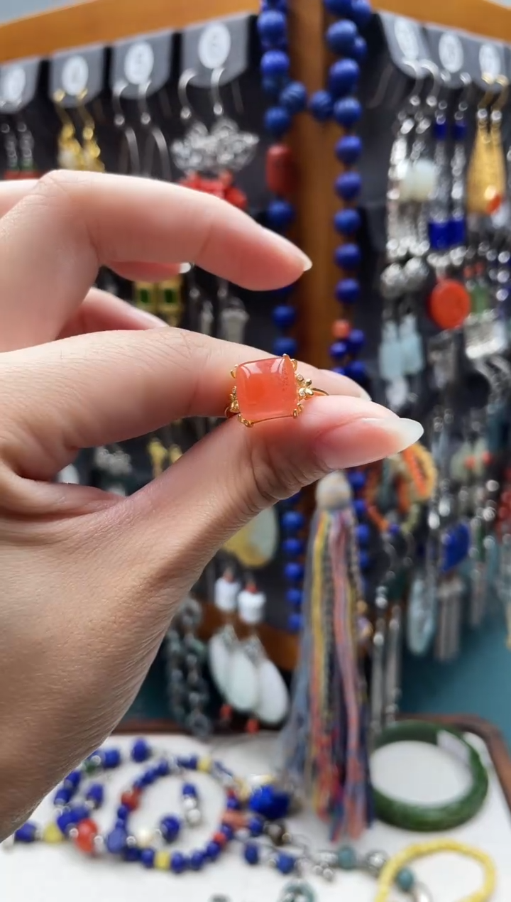 南红玛瑙银S925镀金镶嵌戒指饰品