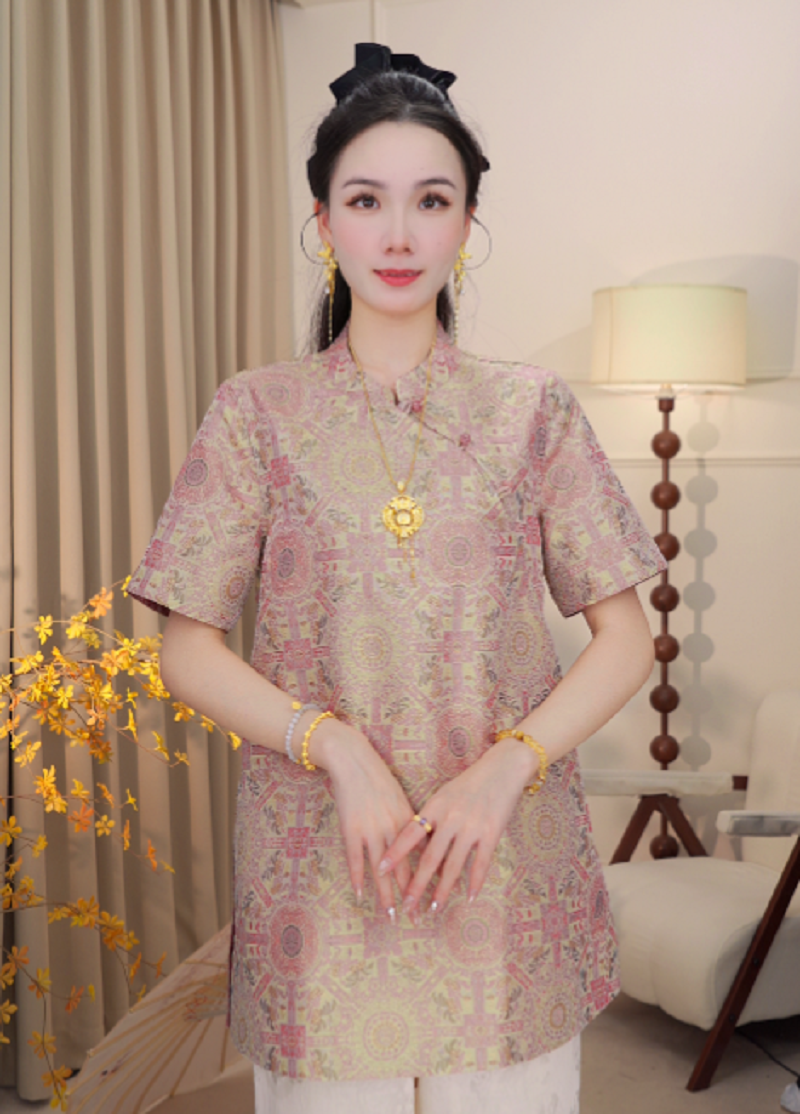 【宝相花】重磅织金宋锦短袖气质显瘦奥黛小衫2025B6537—婷婷杭锦仓