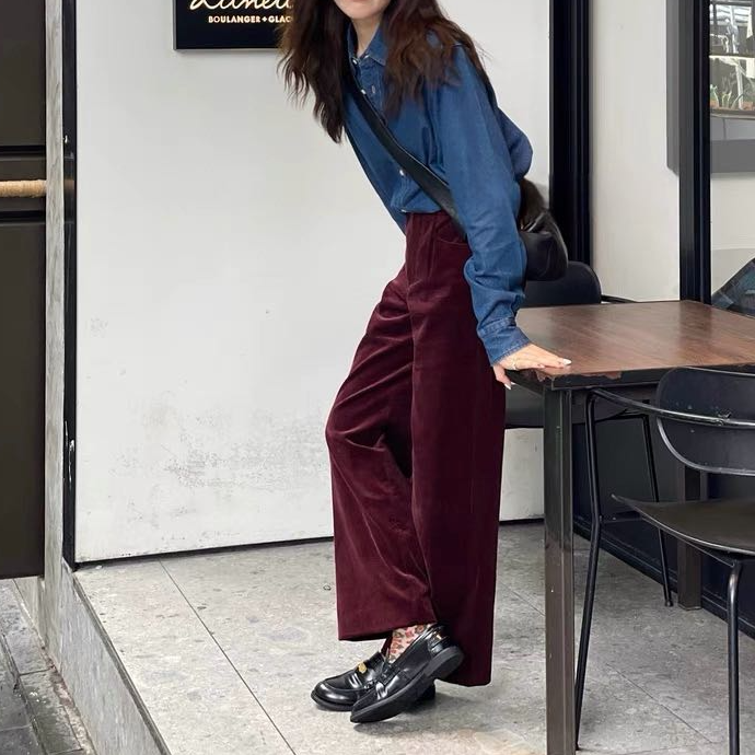 秋冬柔软纯棉灯芯绒，条绒休闲裤酒红色直筒裤纯色复古潮流阔腿裤