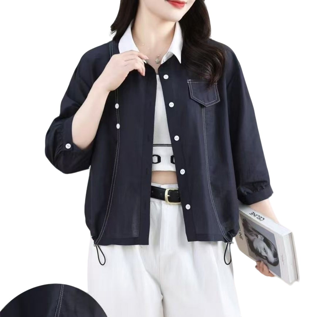 【洋玉服饰】2025夏季新款女撞色拼接衬衫中袖宽松棉上衣小衫