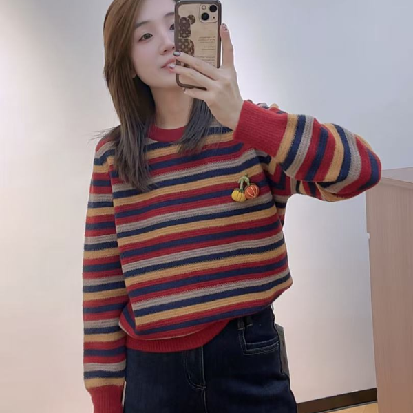 小薇家【韩国绒】705冬季新款条纹撞色韩国绒毛衣