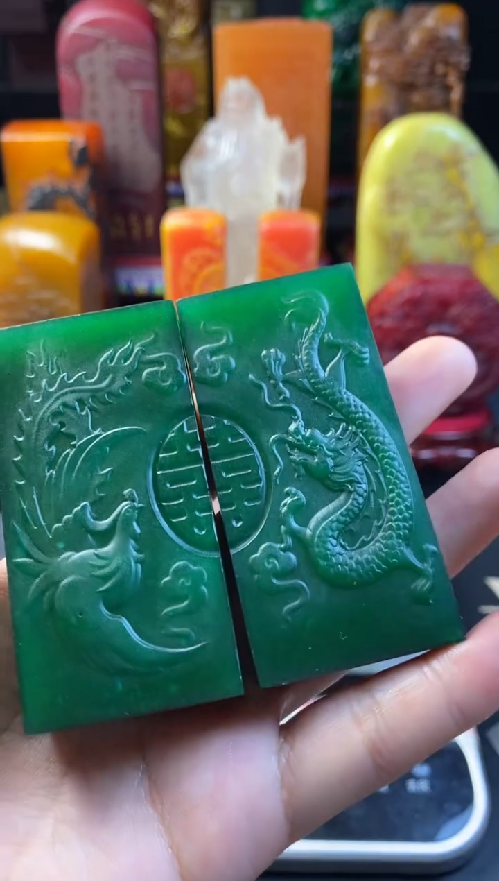 寿山石印石雅安绿龙凤对牌