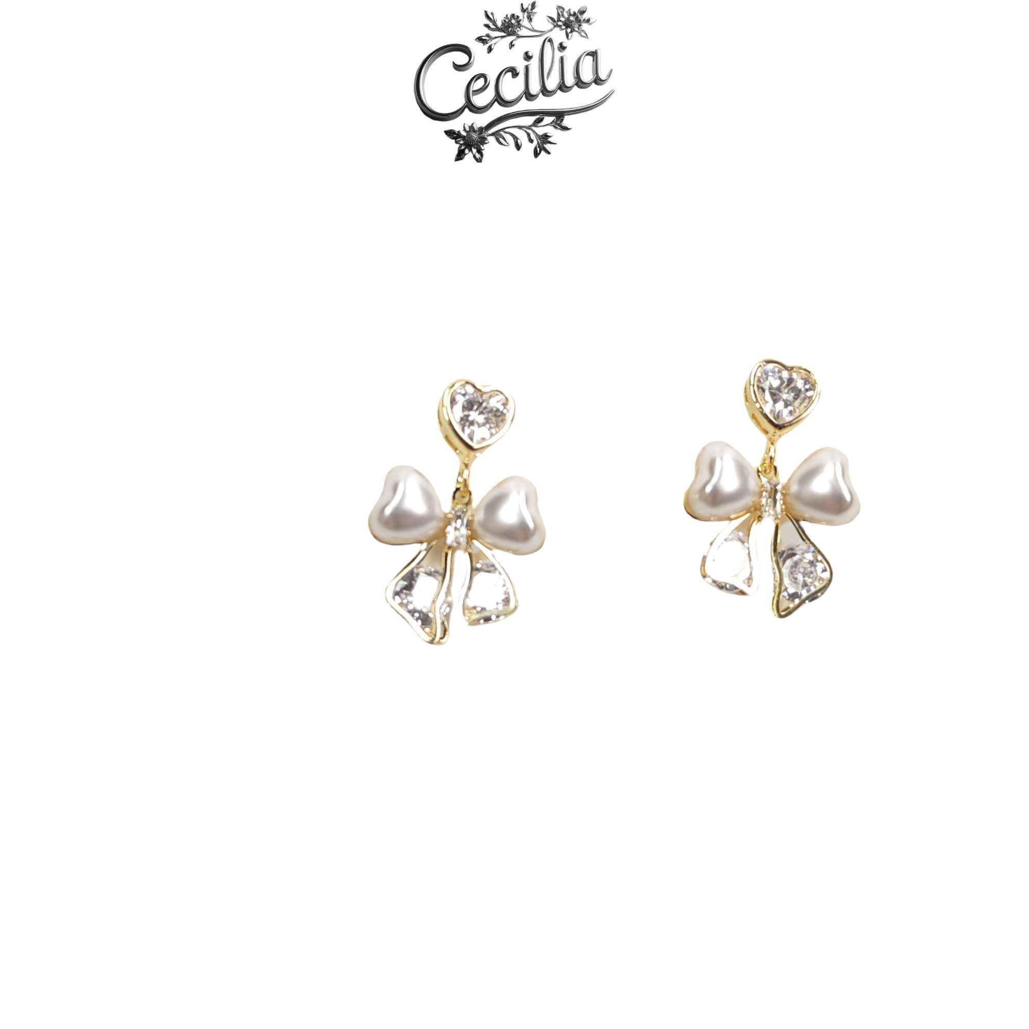 铜合金耳饰 Cecilia 珍珠锆石蝴蝶结精致耳钉