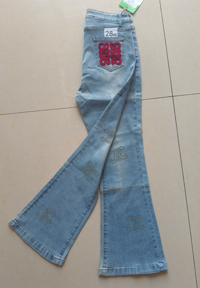蓝色中国结刺绣高腰微喇裤