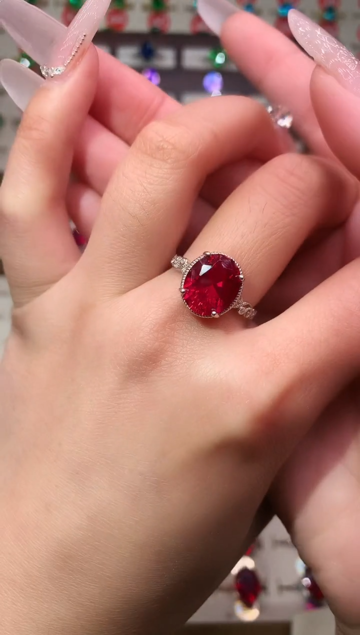 无925银典藏 轻奢 鸽血红红色系10*12银托戒指