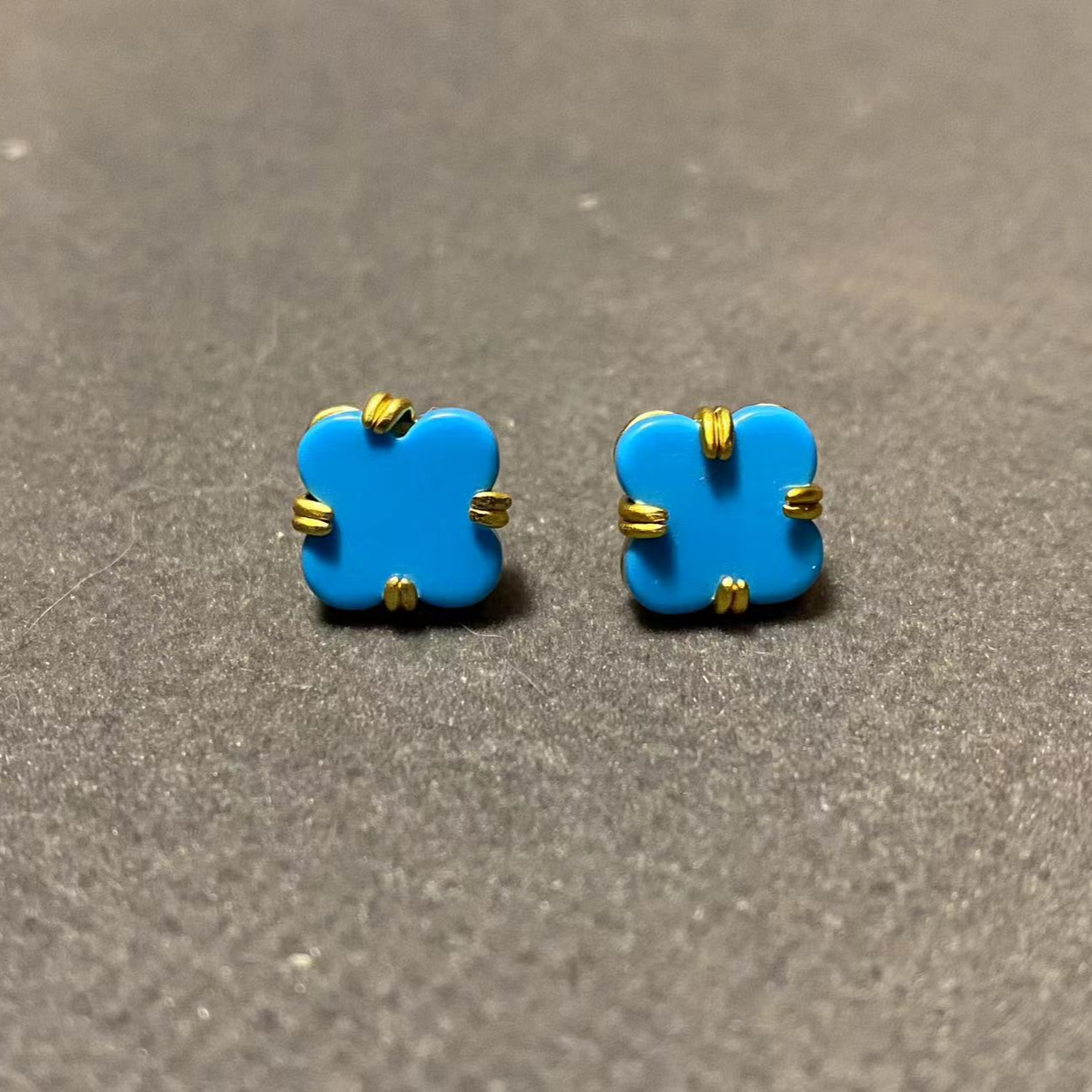 黄铜耳饰 H396 铜镀金耳钉 气质民族风四叶蓝色 简约百搭经典 