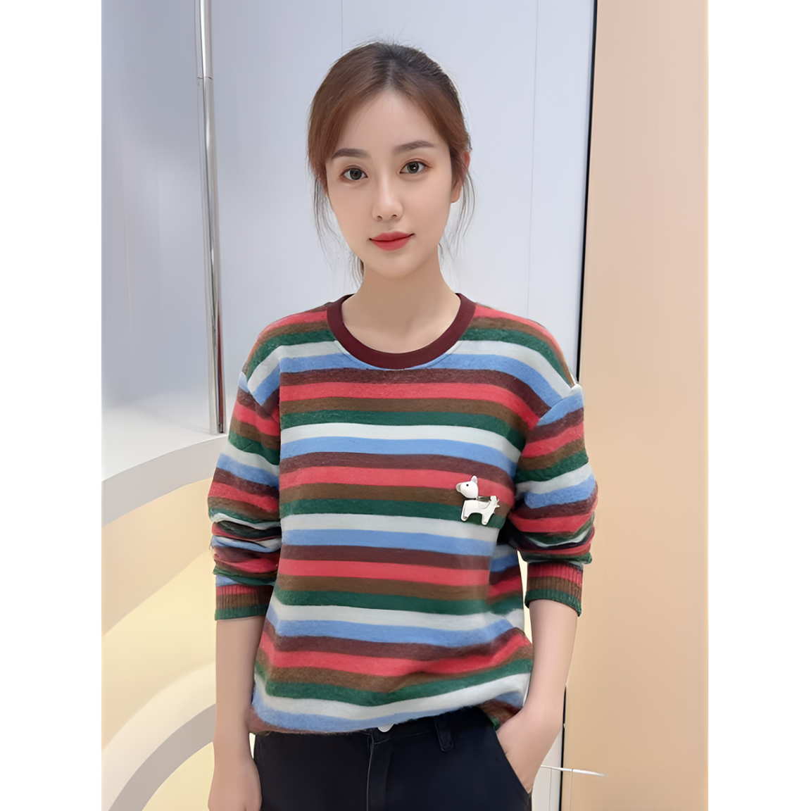 2025年新款冬季兔毛绒宽松型圆领长袖女休闲上衣百搭慵懒风6078