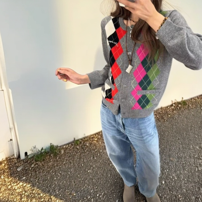 2025秋新款针织薄款开衫款女毛针织衫撞色菱形格毛衣百搭韩版显瘦