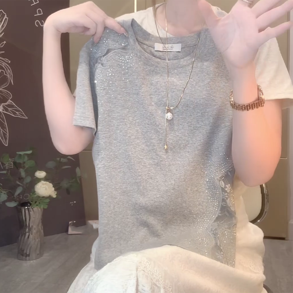 夏季新款高级感正肩短袖圆领T恤显瘦遮肉镂空上衣女装C5208