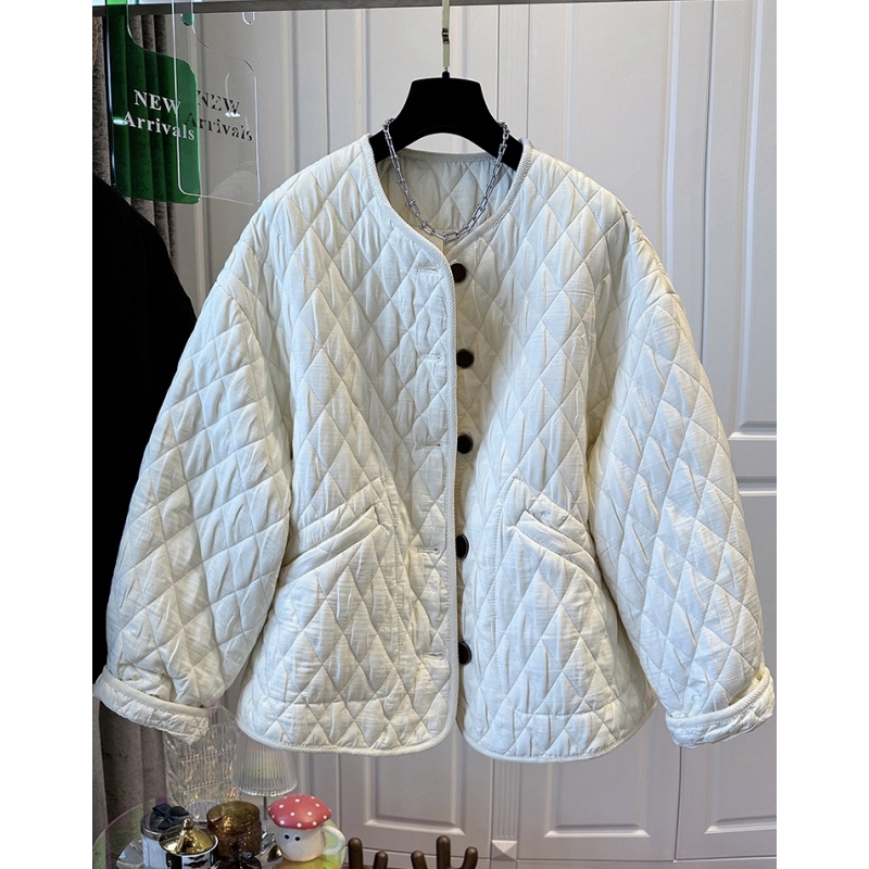 P677今年流行菱格设计单排扣轻薄棉服外套女棉衣宽松纯色百搭秋款