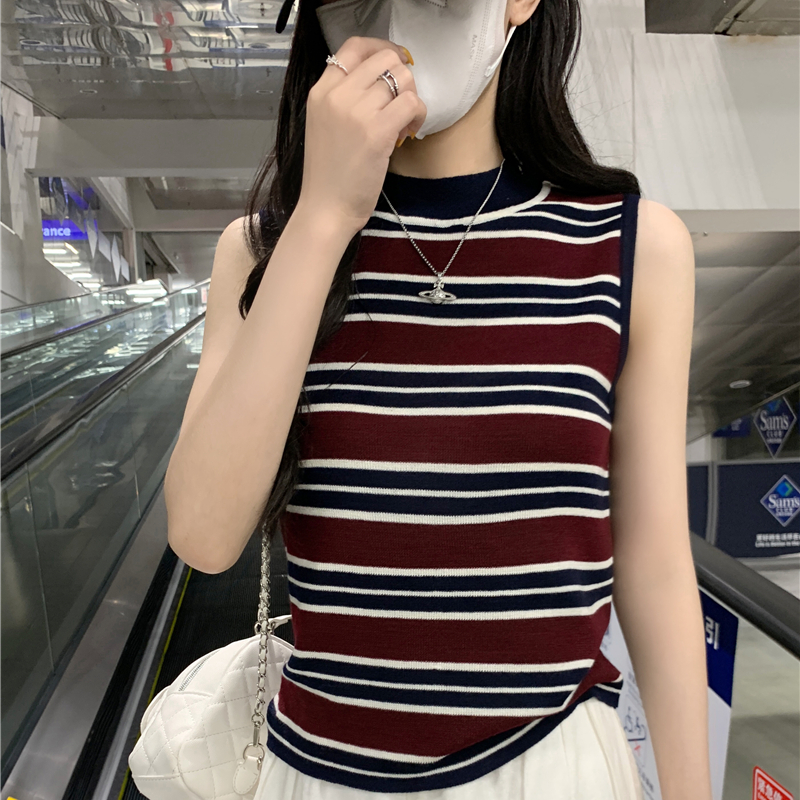 甜辣妹修身显瘦无袖吊带背心新款法式纯欲风撞色条纹半高领针织衫