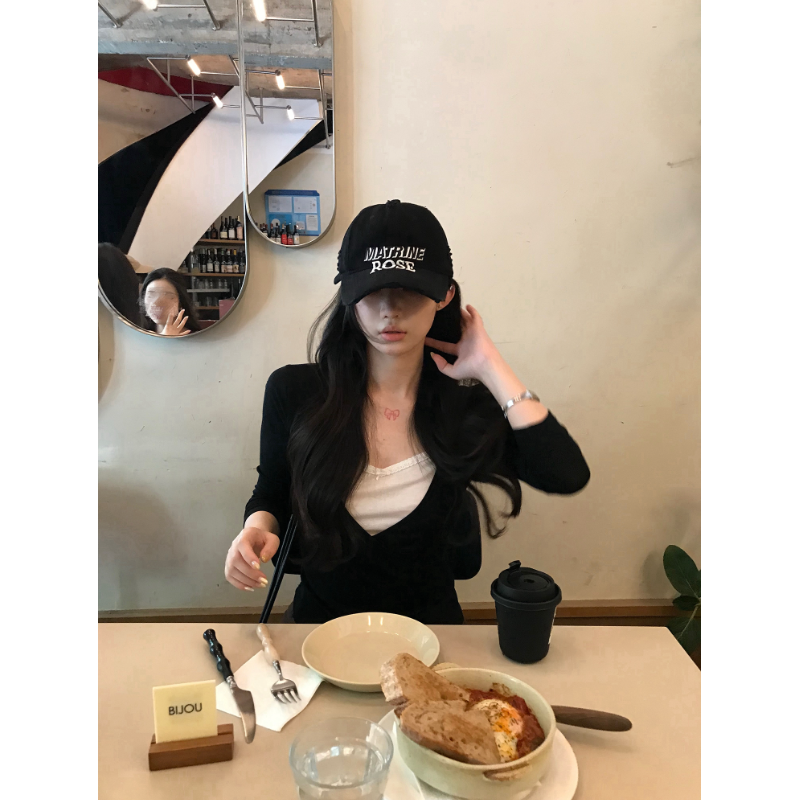 首尔初秋 黑色V领假两件t恤女早秋显瘦内搭打底上衣