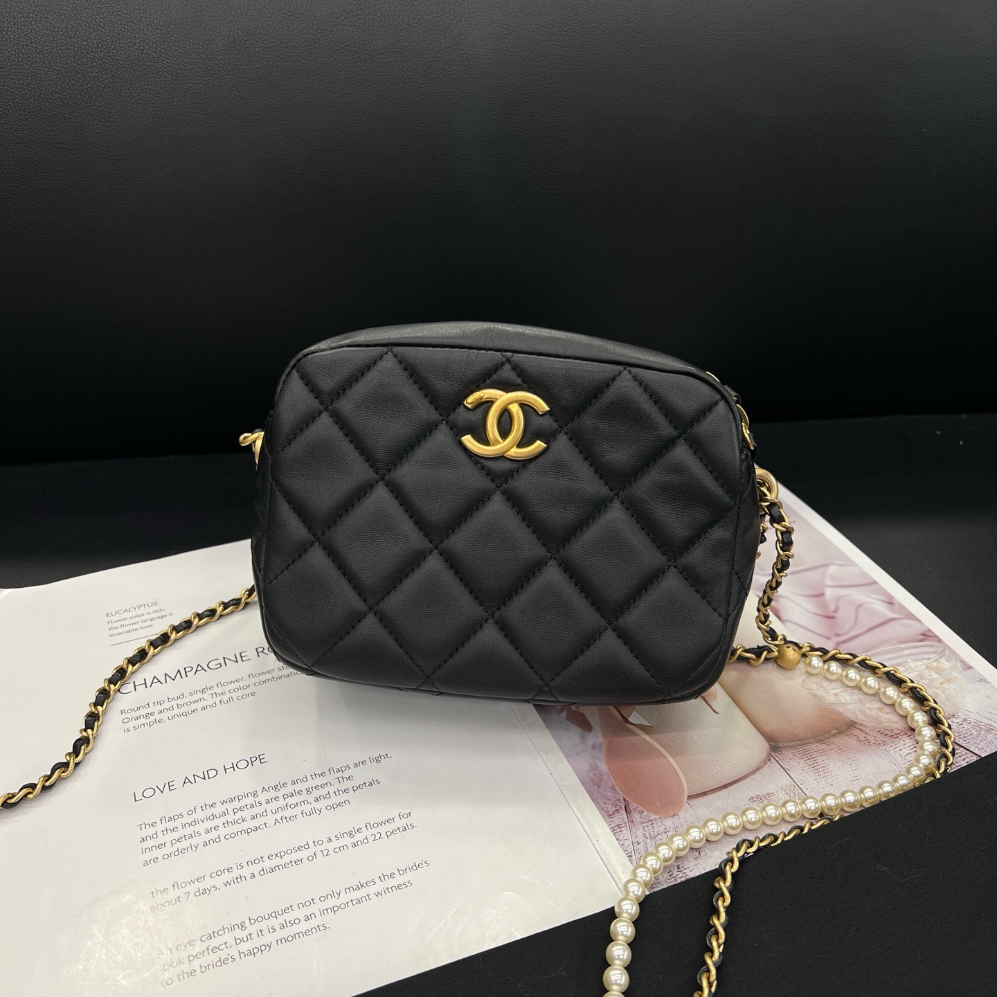 99新 Chanel/香奈儿 专柜30300黑金21年珍珠相机单肩包B6675