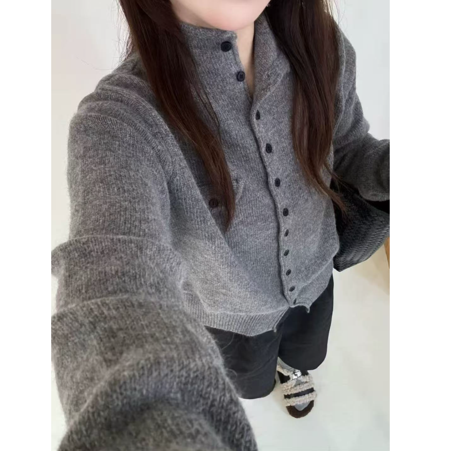 【浅灰色】欧货假口袋气质针织开衫女毛衣外套气质单排扣宽松上衣