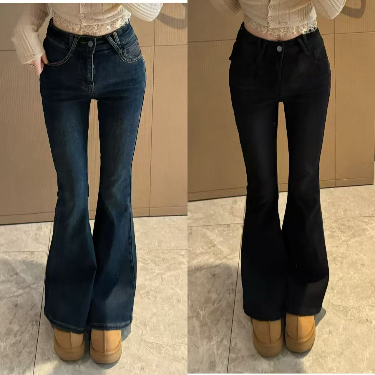 米娜家【梨形天菜】泡菜订制蓝色加绒牛仔微喇裤