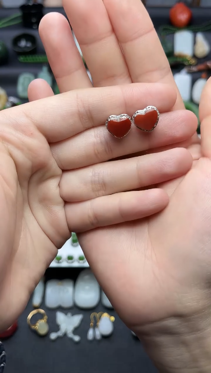 银S925镶嵌耳饰南红玛瑙爱心耳钉06